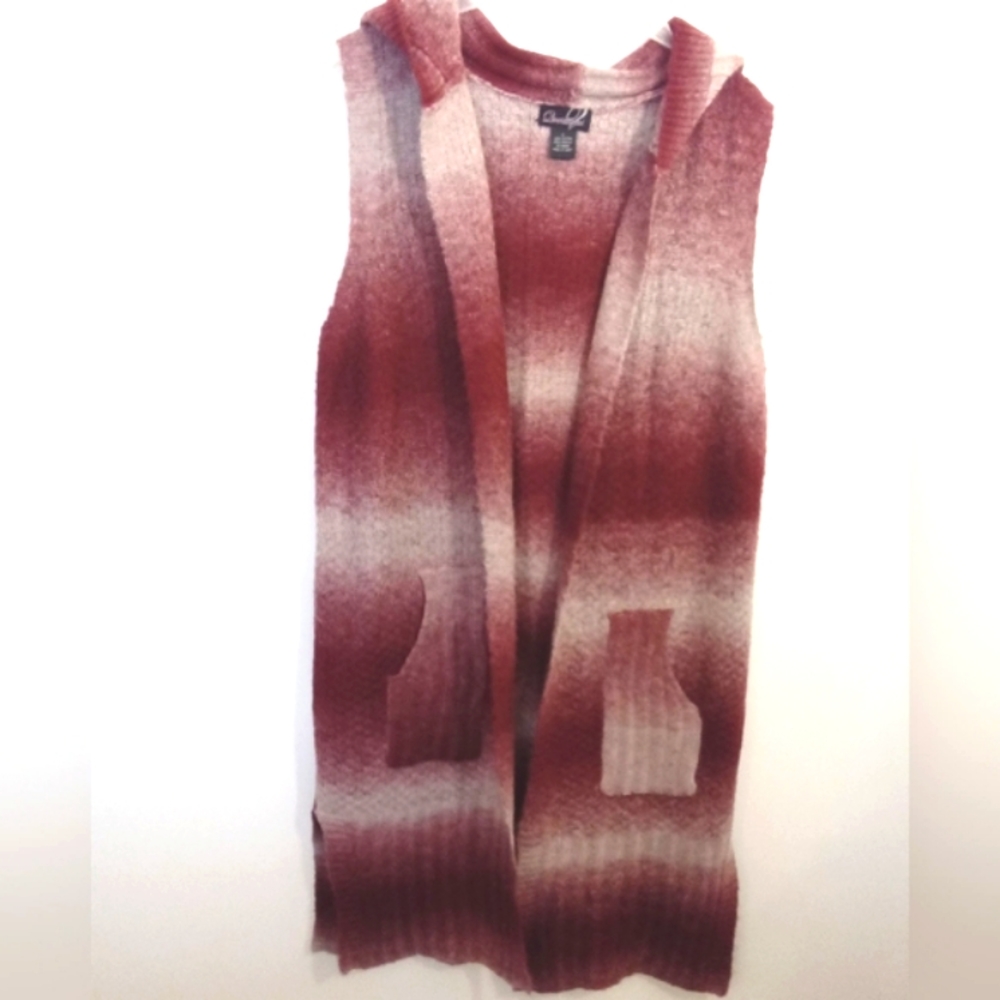 Questions Women's Sleeveless Hooded Burgundy Ombre Stripe Open Front Cardigan Lg